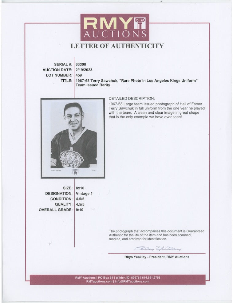Terry Sawchuk Los Angeles Kings Team Issued Type 1 8x10 Photo RMY LOA