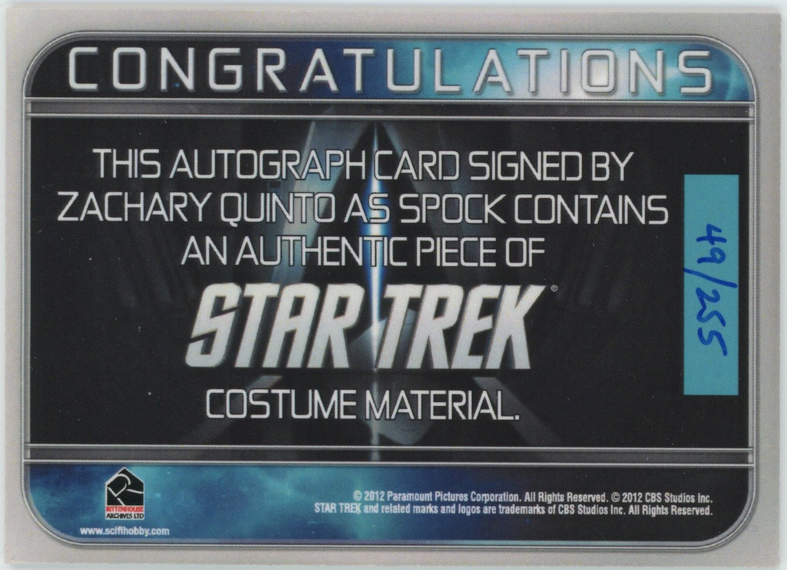 Zachary Quinto 2012 Star Trek Rittenhouse Costume Relic Auto /255