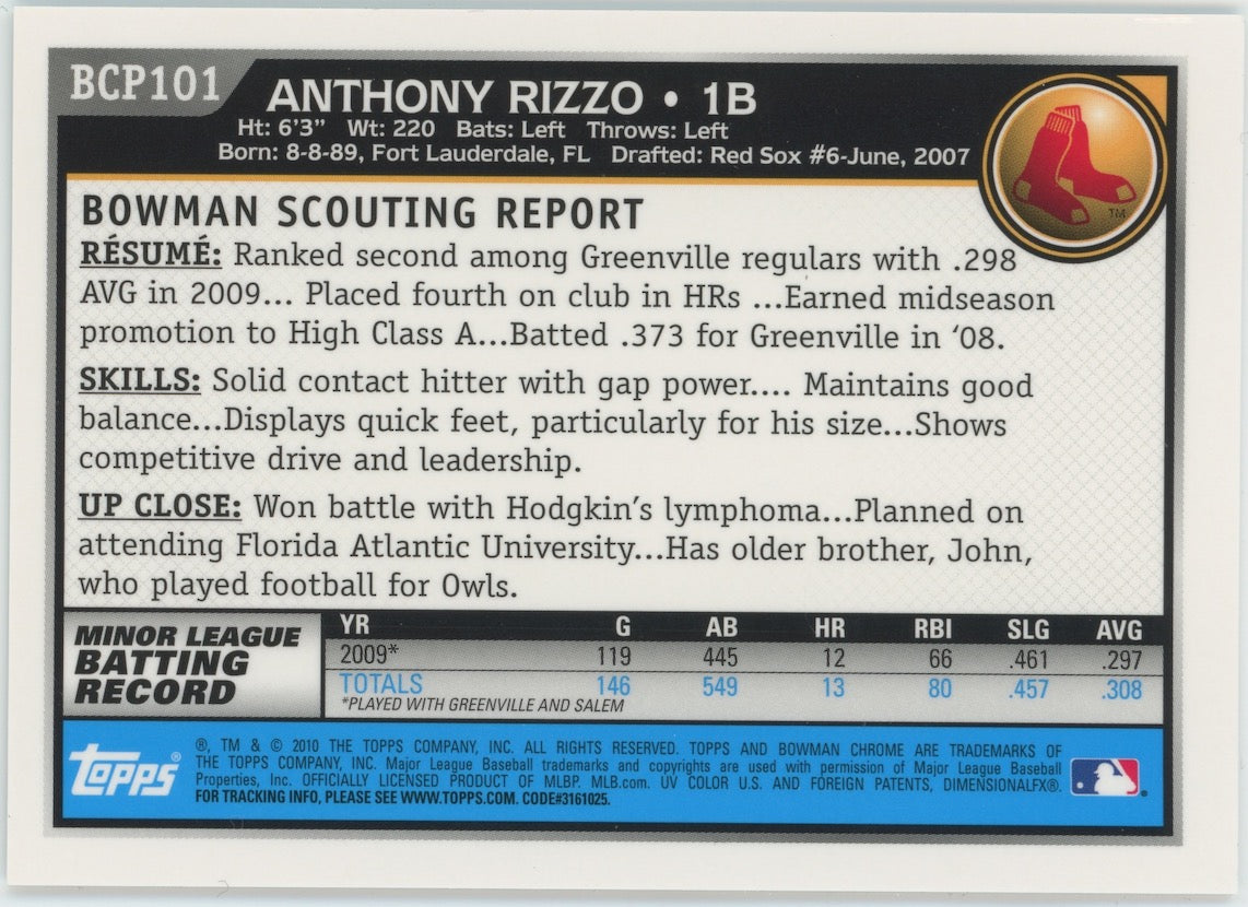 Anthony Rizzo 2010 1st Bowman Chrome Auto RC #BCP101 Rookie Red Sox