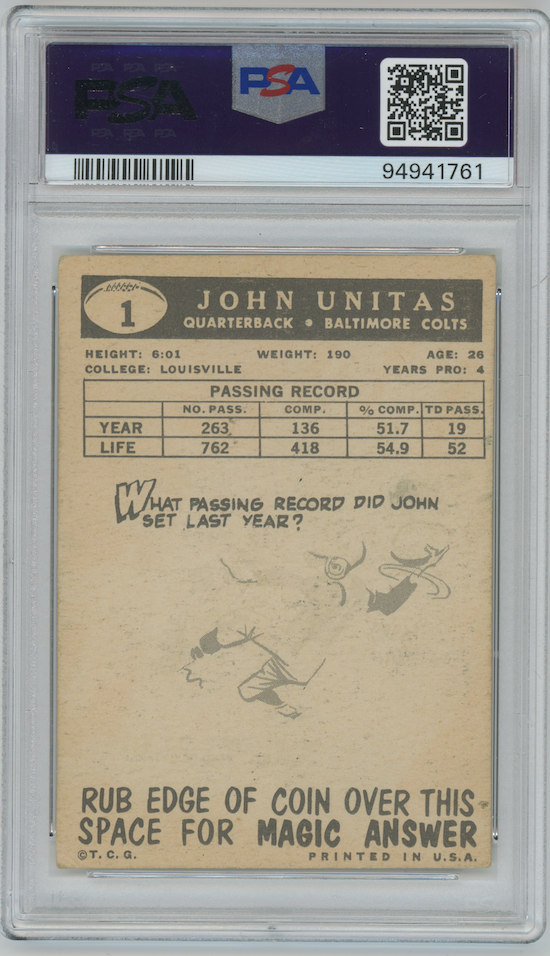 Johnny Unitas 1959 Topps #1 Baltimore Colts PSA 3