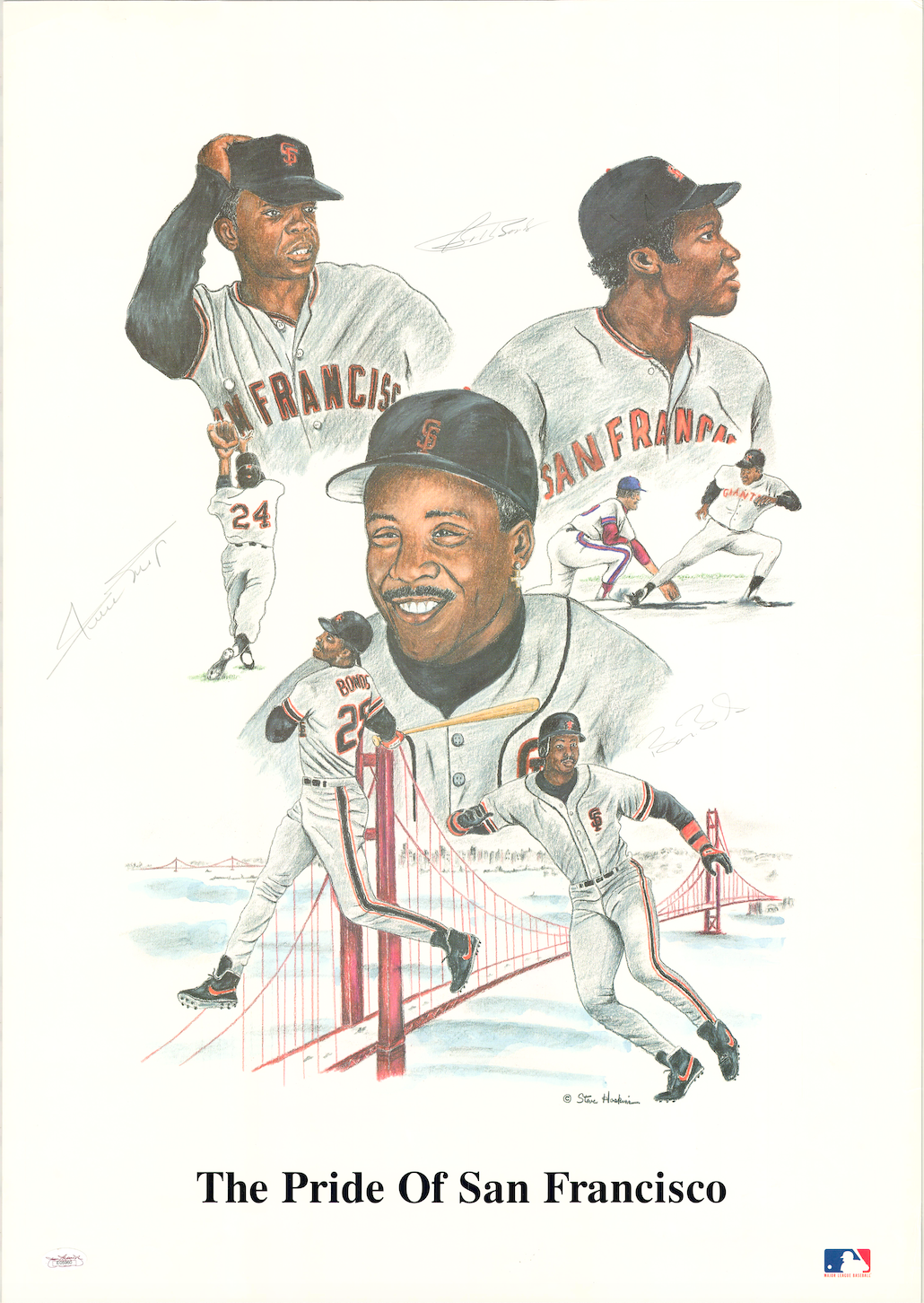 Willie Mays Barry Bonds Bobby Bonds Autographed Signed Lithograph Poster JSA Holo