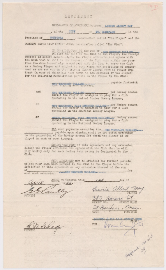 Conn Smythe Toronto Maple Leafs Autographed Signed Contract AMCo LOA