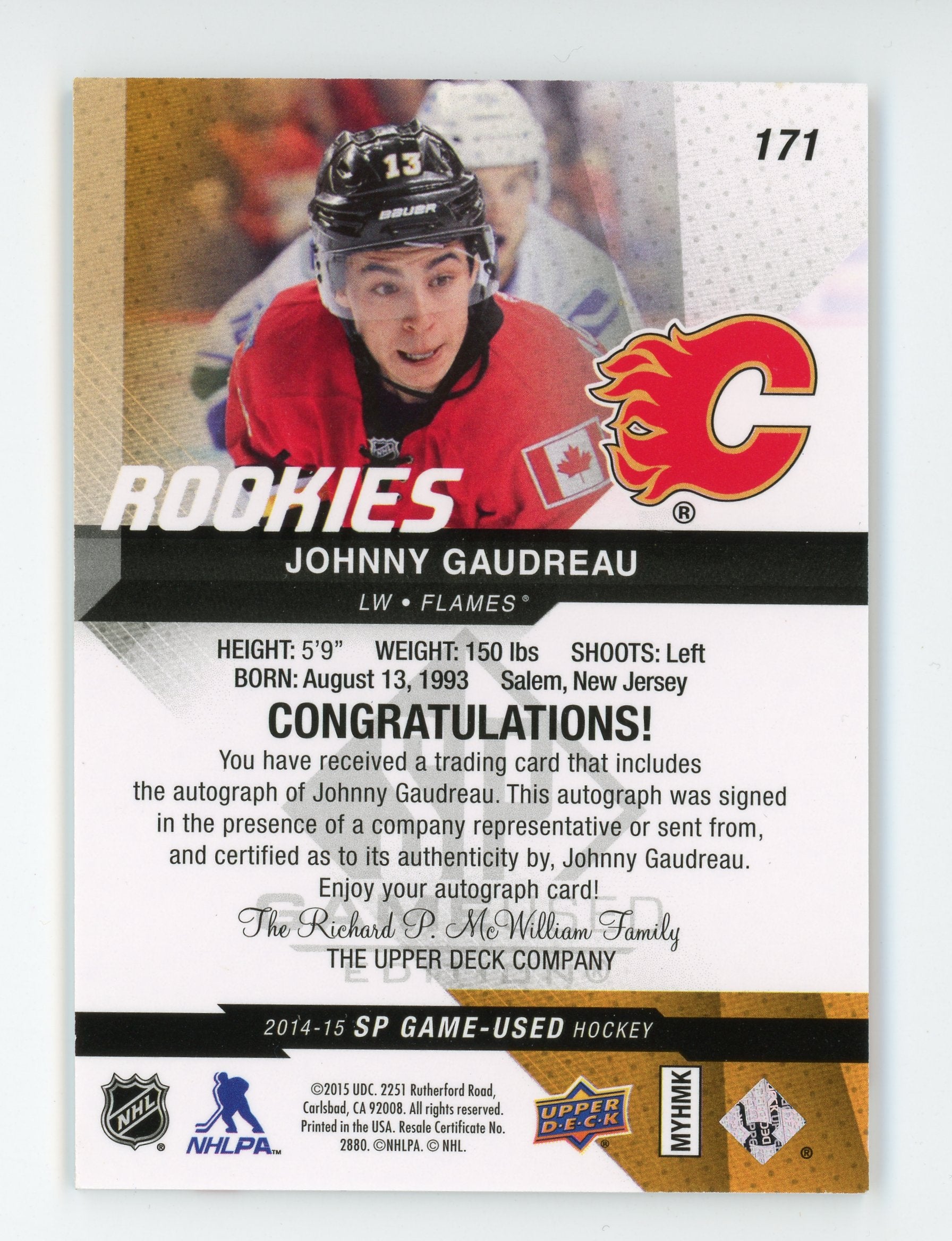 Johnny Gaudreau 2014 Upper Deck SP Game Used #171 Rookie RC Auto Flames