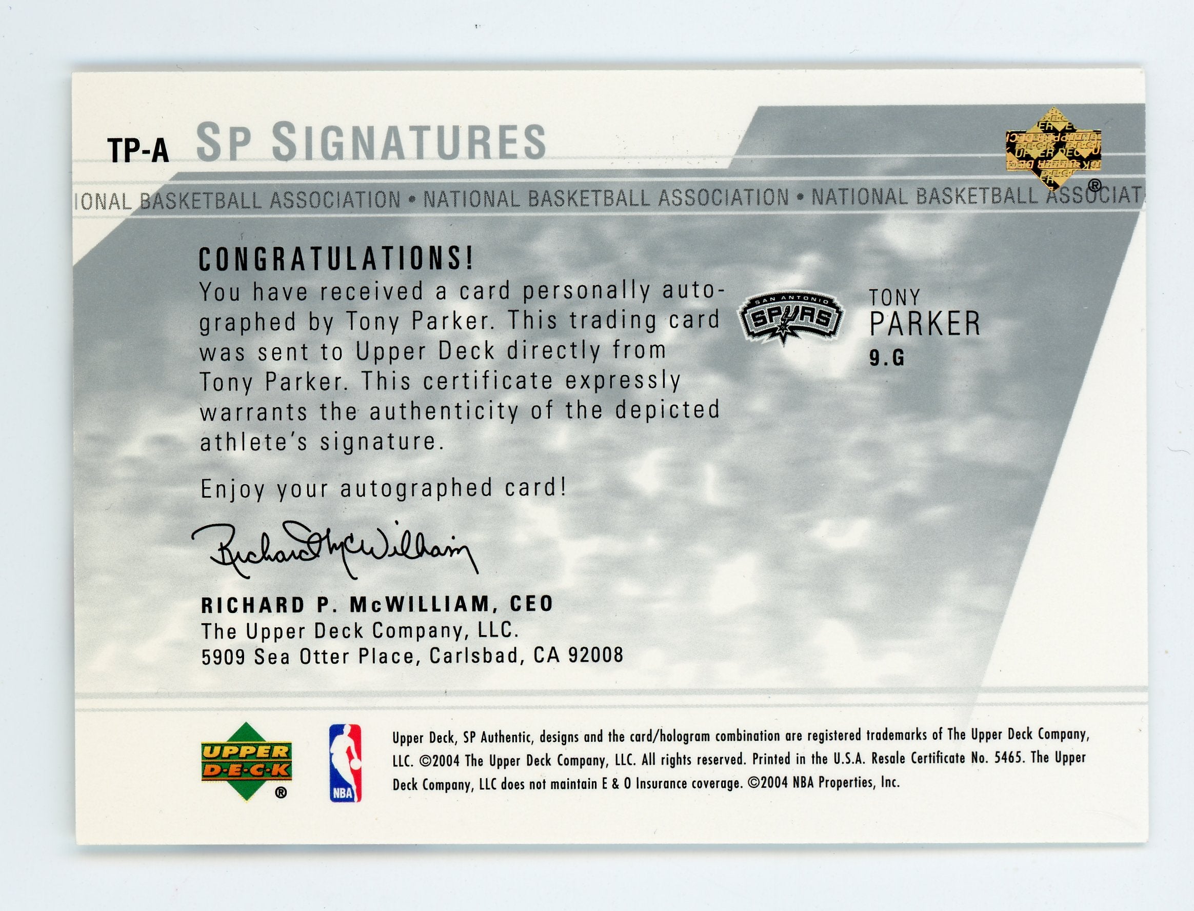 Tony Parker 2003-04 UD SP Authentic Signatures TP-A Spurs Auto