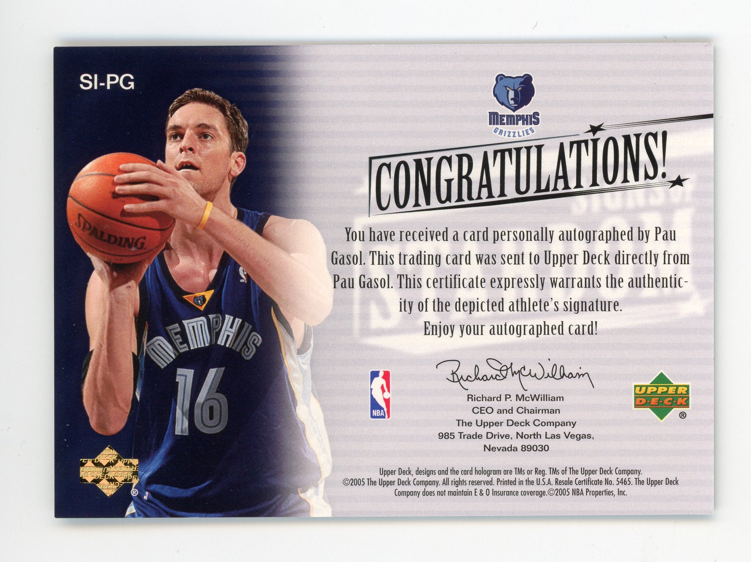 Pau Gasol 2005 UD Signs Of Stardom Trilogy Grizzlies SI-PG Auto