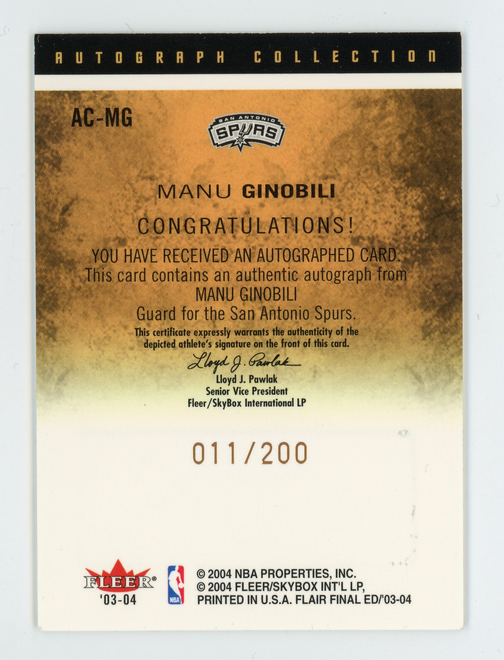 Manu Ginobili 2003 Flair Final Edition Autograph Collection /200 AC-MG