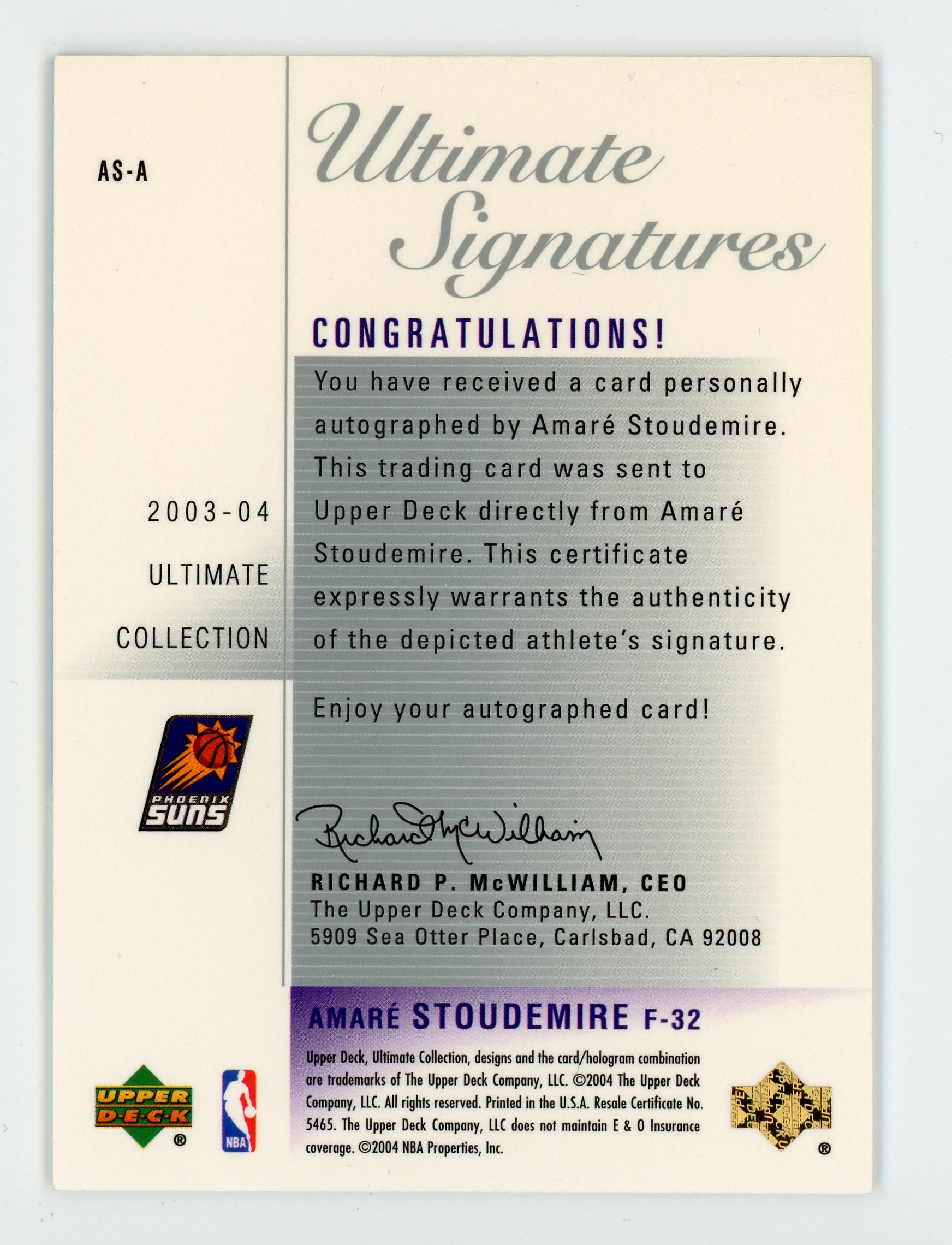 Amar'e Stoudemire 2003-04 Ultimate Collection Ultimate Signatures AS-A Auto Suns