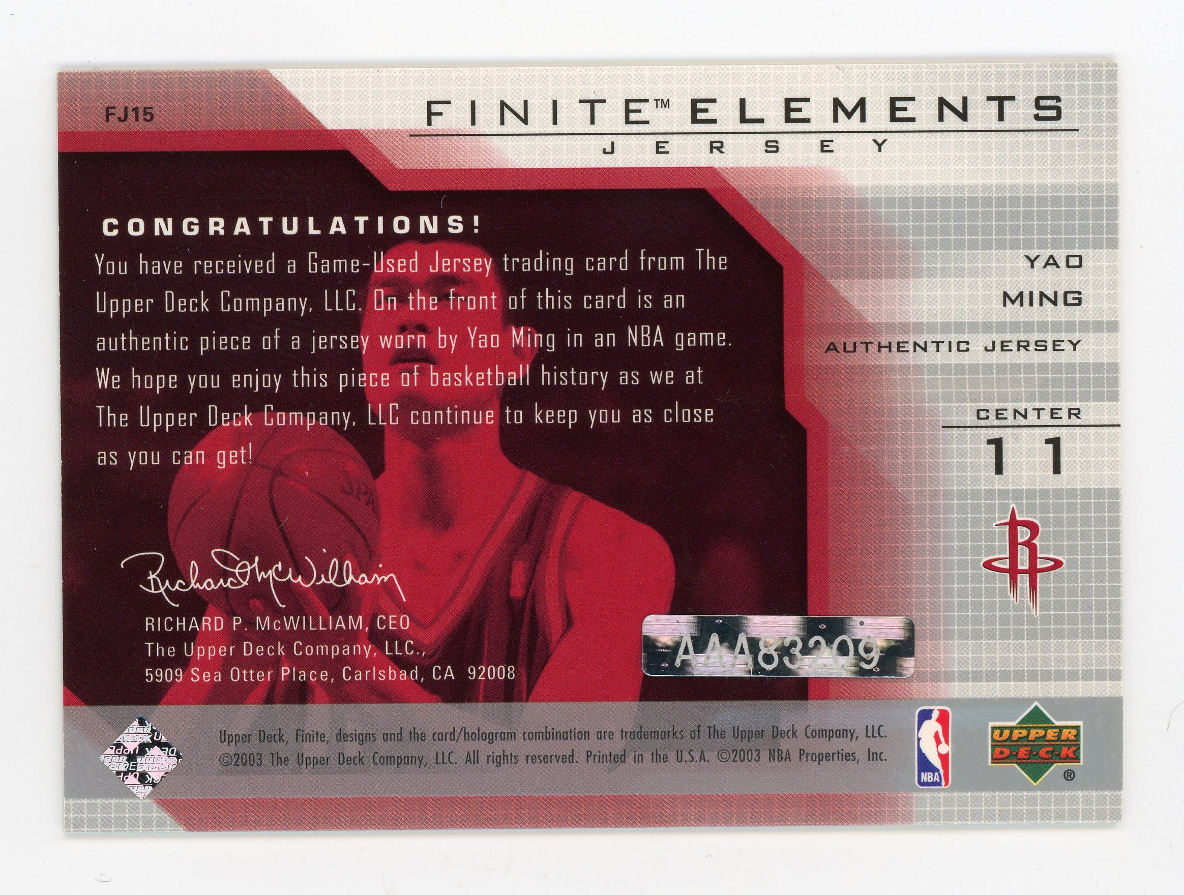 Yao Ming 2003-04 UD Finite Elements Finite Jersey Buyback Auto /15 #FJ15