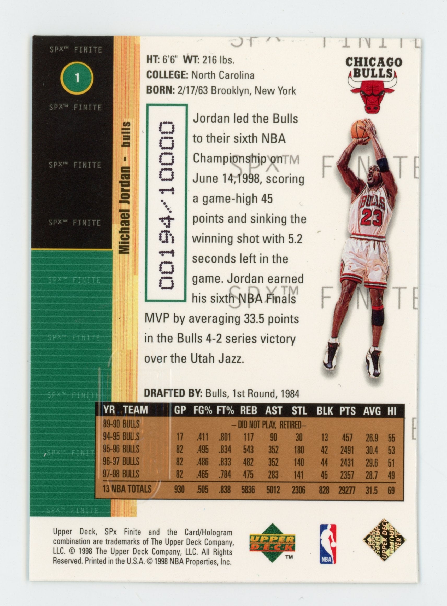 Michael Jordan 1998 UD SPx Finite /10000 #1 Chicago Bulls