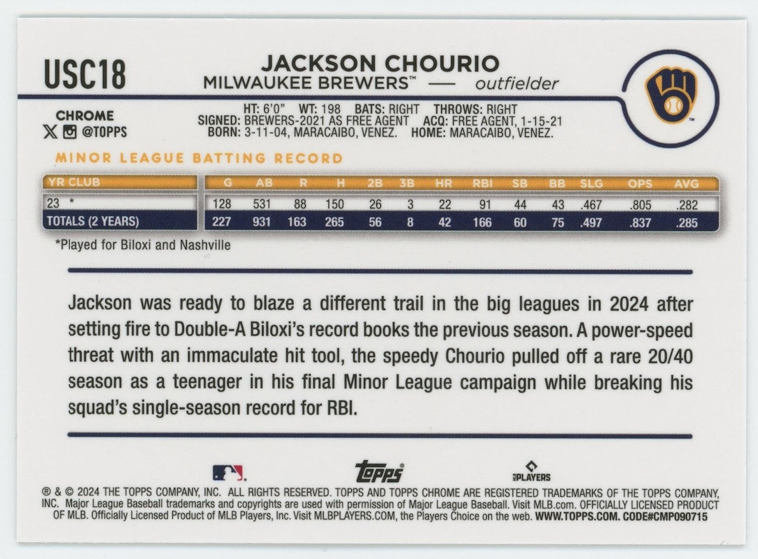 Jackson Chourio 2024 Topps Chrome Update #USC18 Rookie RC Green Wayrave /99