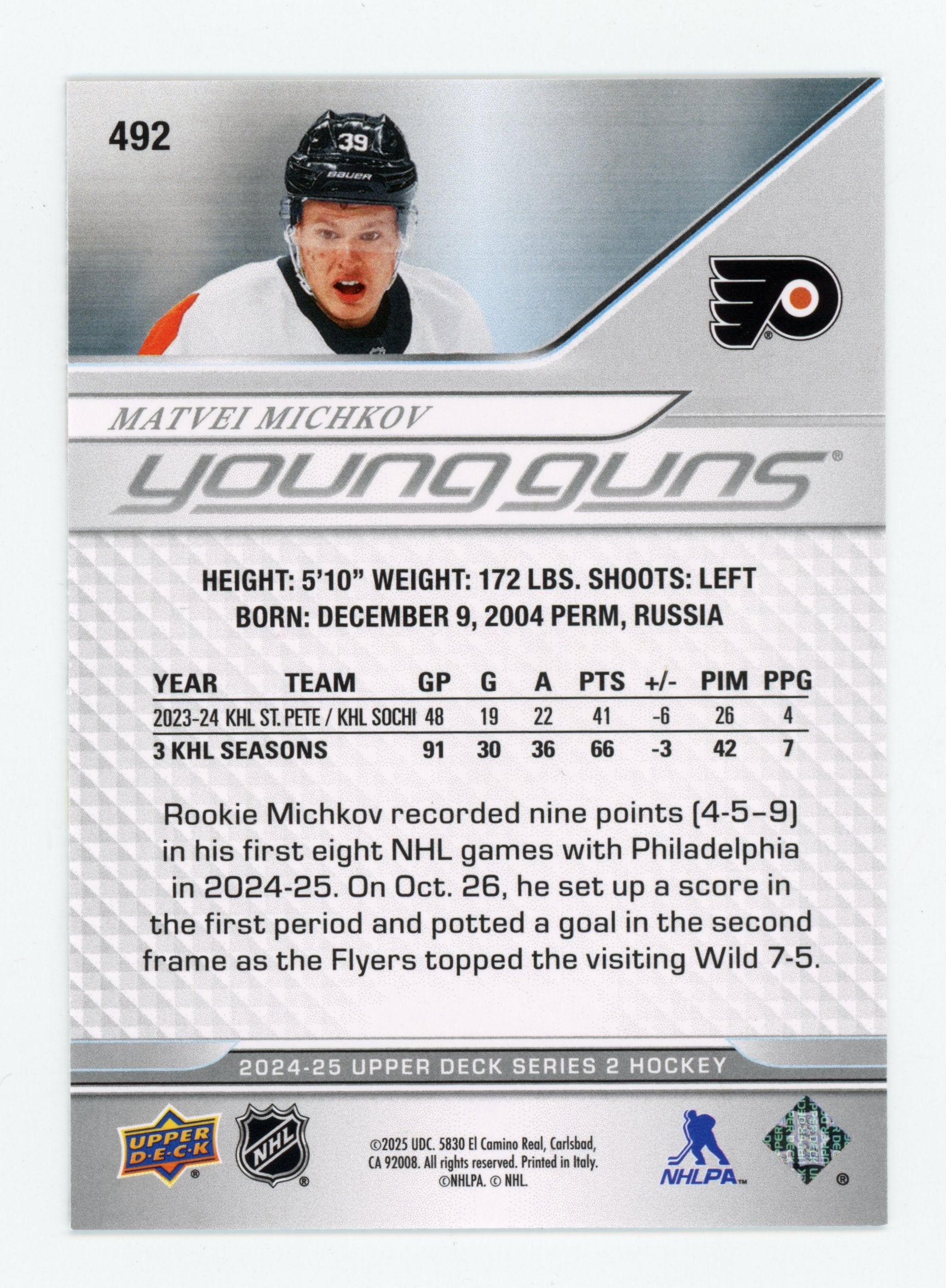 Matvei Michkov 2024-25 UD Upper Deck Series 2 Young Guns #492 Rookie RC Flyers Card GA
