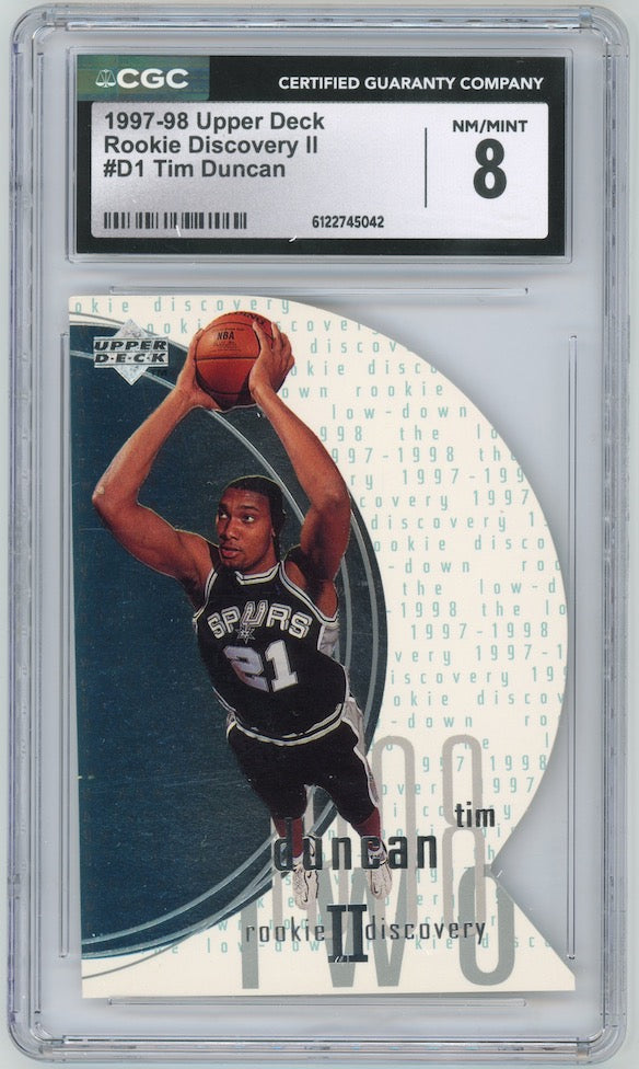 Tim Duncan 1997-98 UD Rookie Discovery II RC #D1 Spurs CGC 8