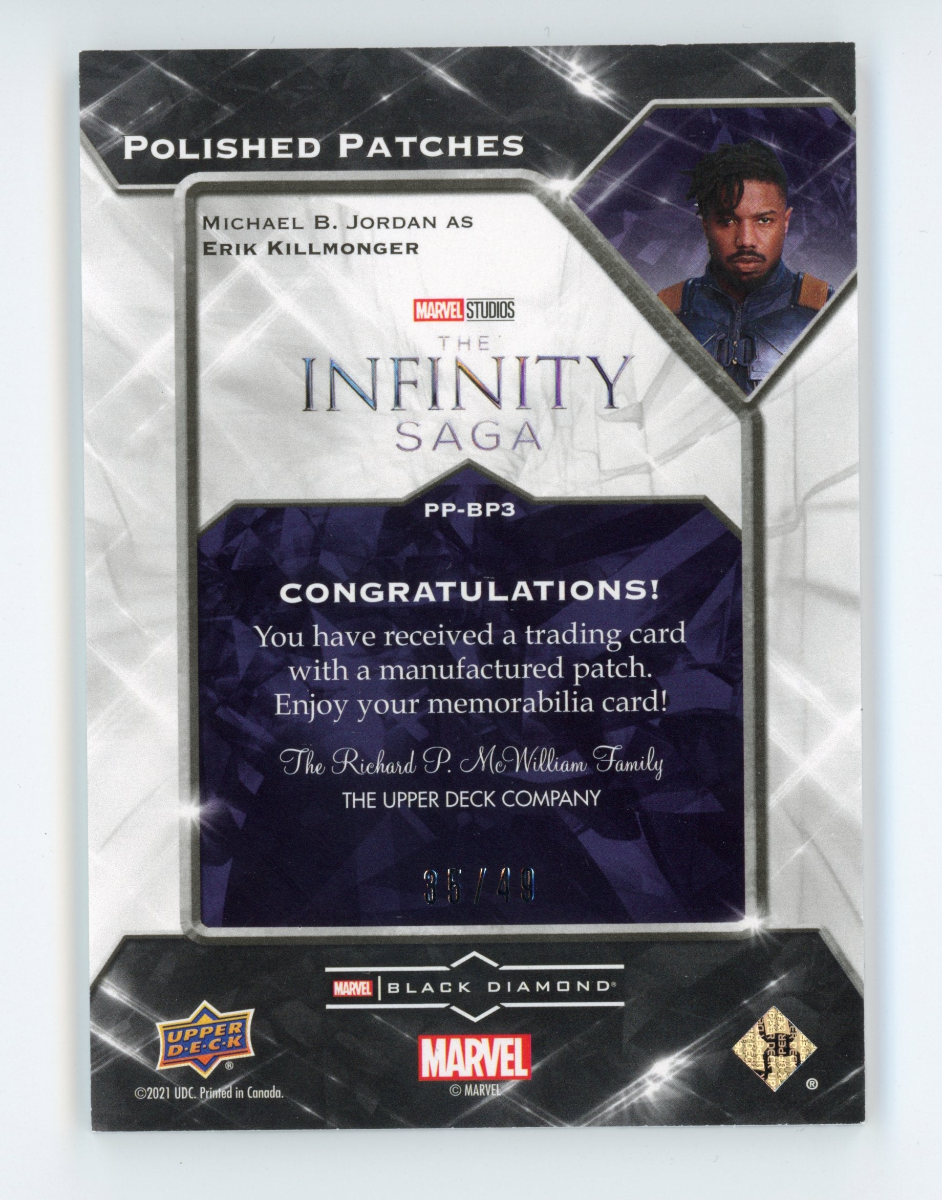 Michael B Jordan 2021 UD Black Diamond Polished Patches Black Panther Killmonger /49