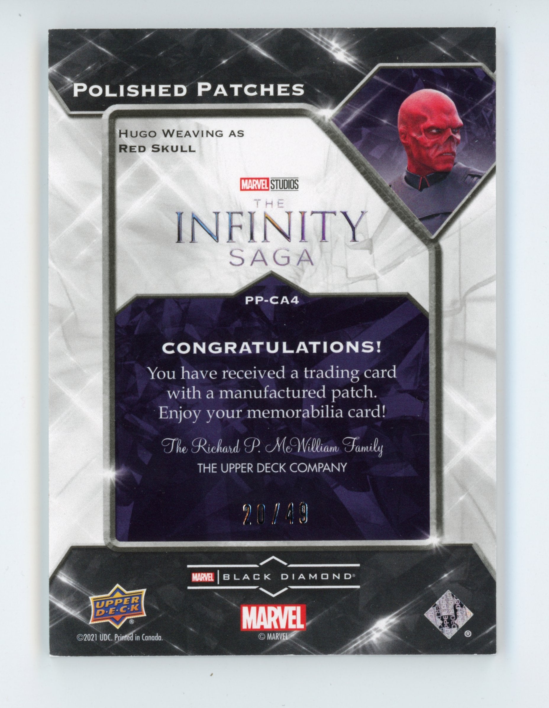 Hugo Weaving 2021 UD Black Diamond Polished Patches Captain America Red Skull /49
