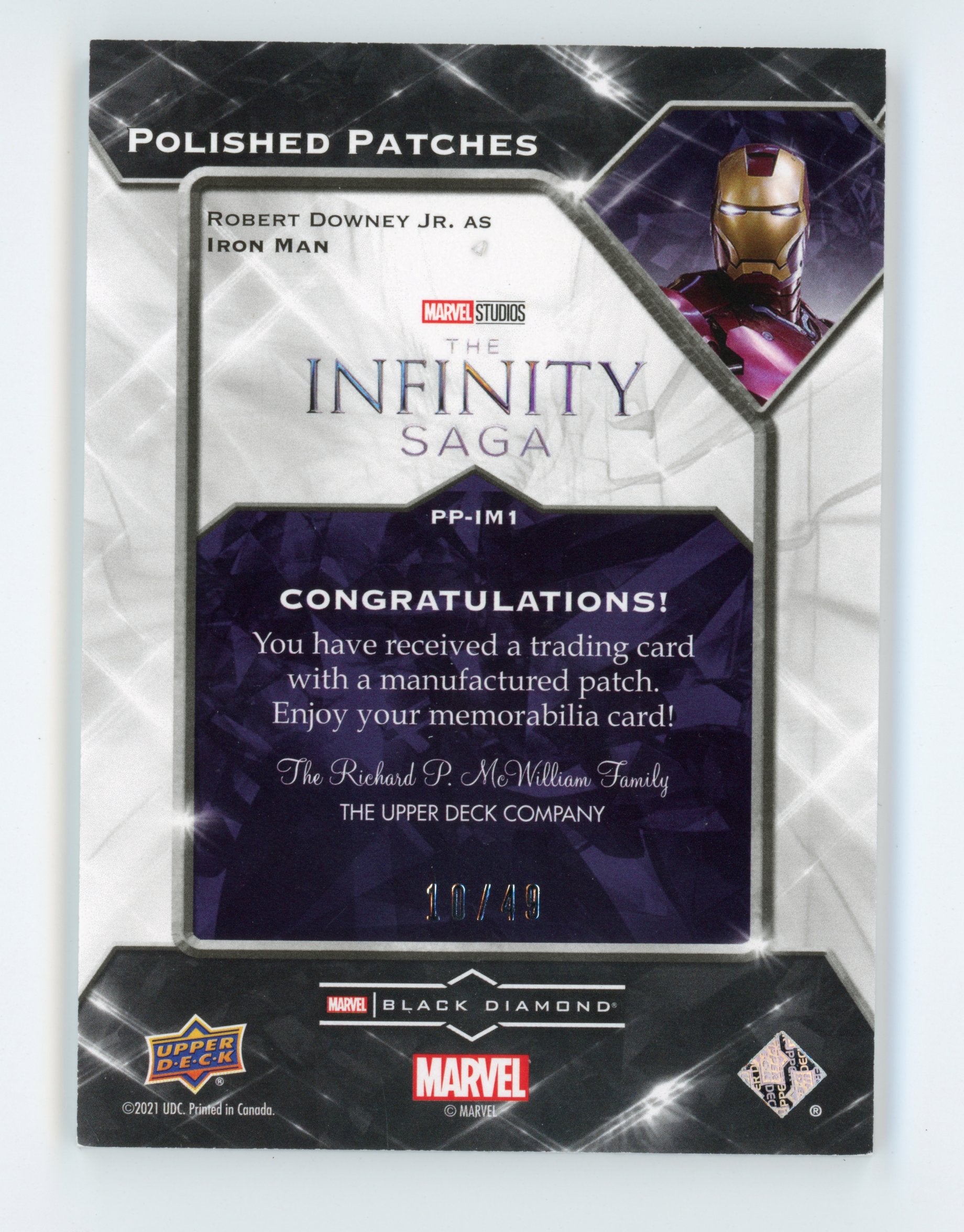 Robert Downey Jr 2021 UD Black Diamond Polished Patches Iron Man /49