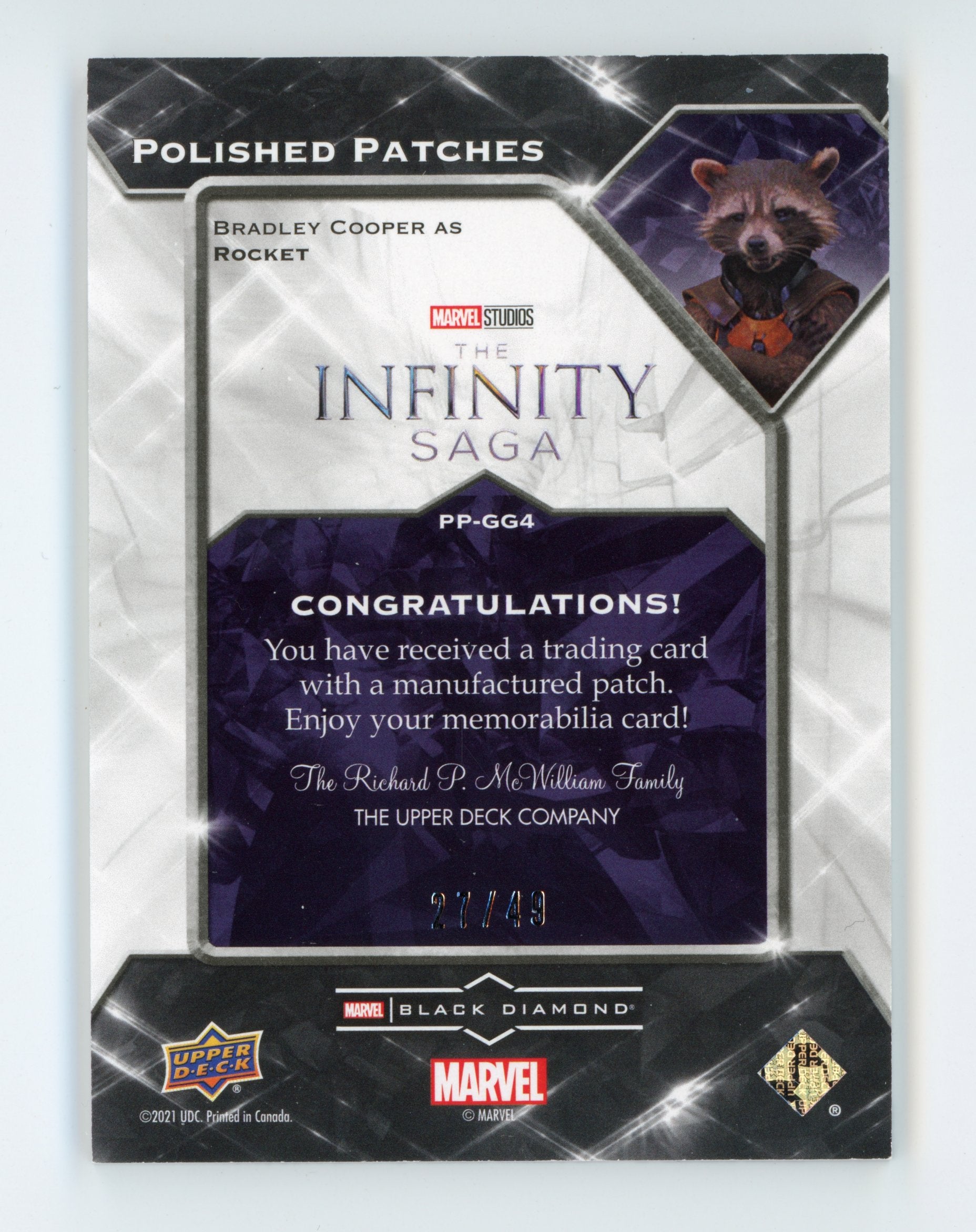 Bradley Cooper 2021 UD Black Diamond Polished Patches Rocket Guardians /49