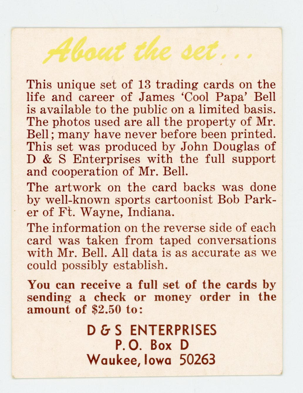 Cool Papa Bell Negro Leagues 1976 John Douglas Auto Signed Card