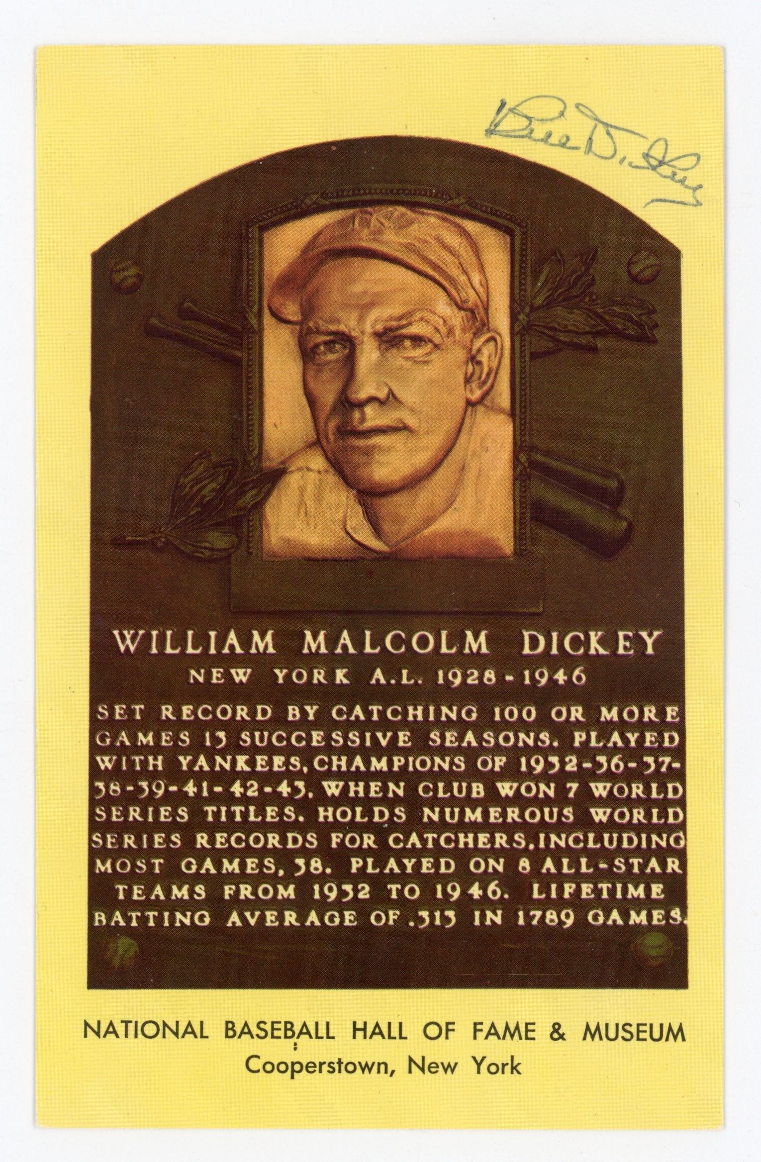 Bill Dickey New York Yankees Autographed Signed HOF Plaque Postcard AMCo COA