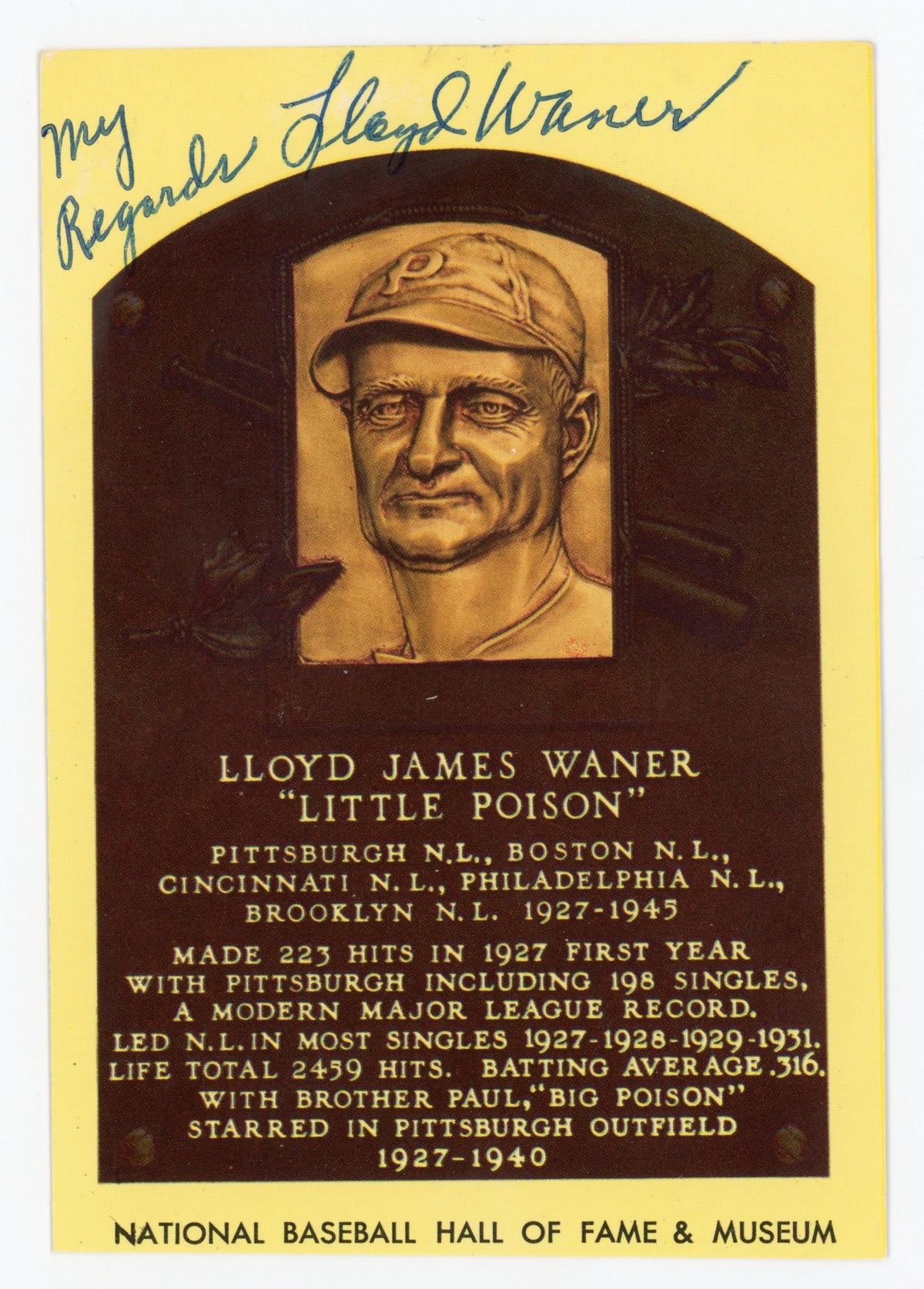 Lloyd Waner Pittsburgh Pirates Autographed Signed HOF Plaque Postcard AMCo COA