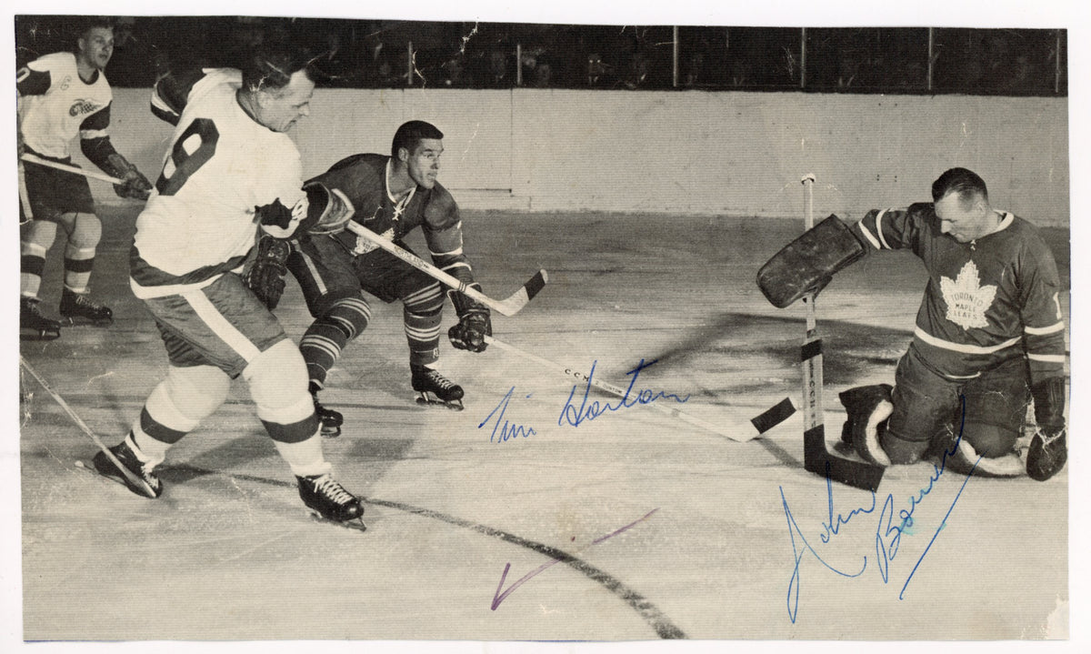 Tim Horton & Johnny Bower Maple Leafs Autographed Signed Magazine Photo AMCo LOA