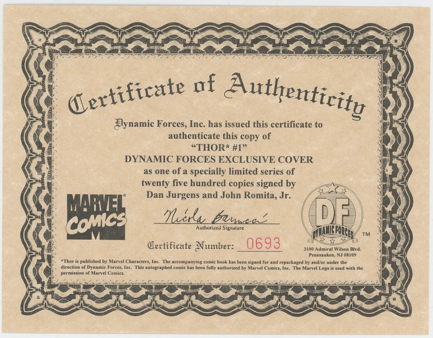 The Mighty Thor #1 John Romita Jr Dan Jurgens Autographed Signed Comic Book DF COA