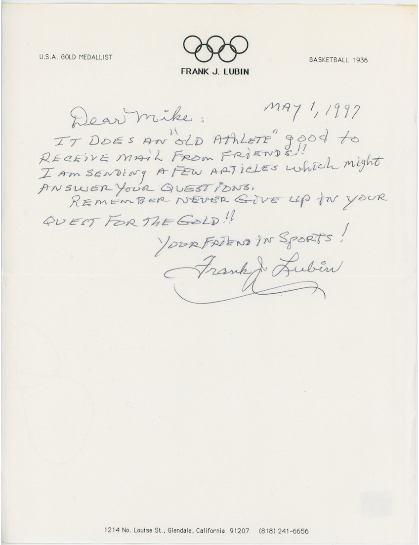 Frank Lubin 1936 Olympics Autographed Signed Letter AMCo COA