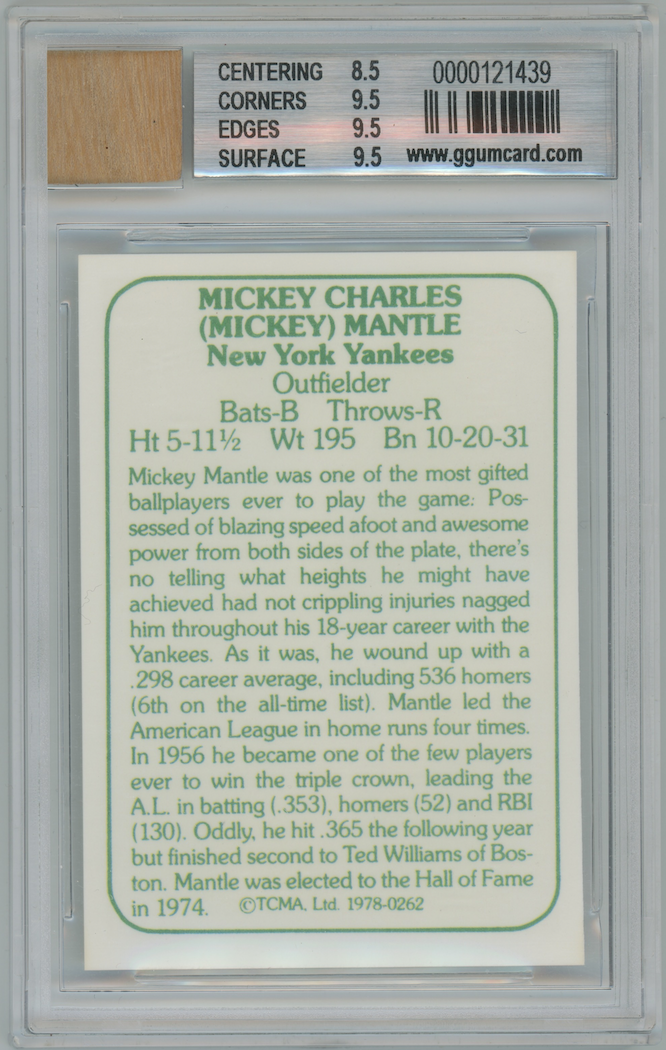 Mickey Mantle 1978 TCMA #262 Yankee Stadium Seat Relic Card BGS 9
