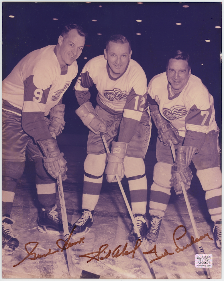 Gordie Howe Sid Abel & Ted Lindsay Autographed Signed Photo 8x10 Photo AMCo COA