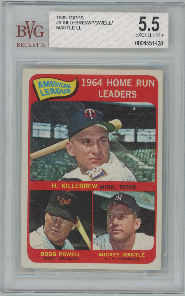 1964 Home Run Leaders 1965 Topps Killebrew Powell Mantle #3 Card BGS 5.5