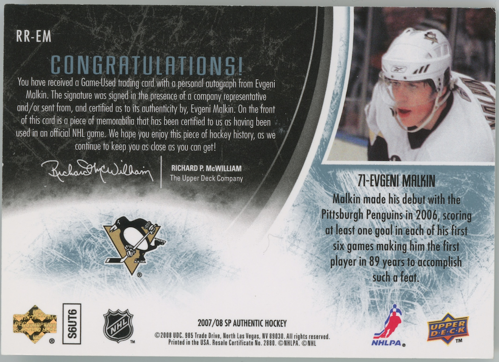 Evgeni Malkin 2007-08 UD SP Authentic Rookie Review Patch Auto RR-EM /100