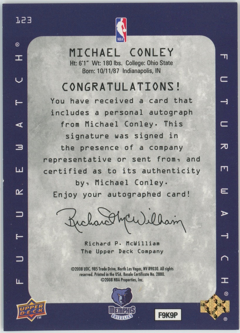 Mike Conley 2008 Upper Deck SP Rookie Future Watch Auto #123 RC