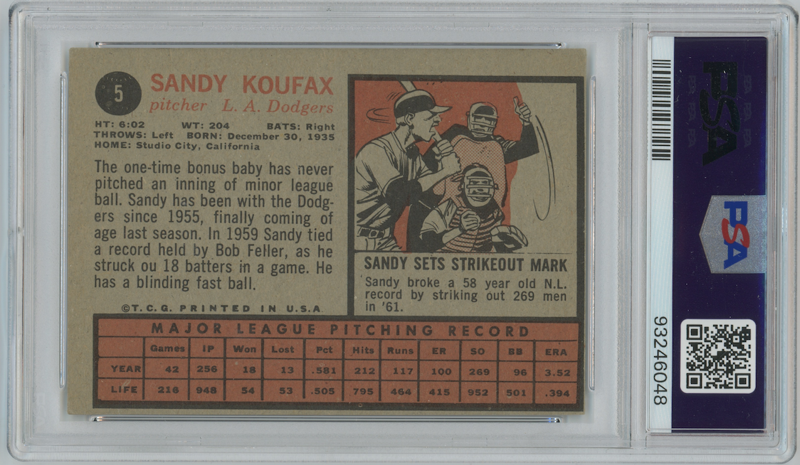 Sandy Koufax 1962 Topps #5 Los Angeles Dodgers  PSA 4 (MC)
