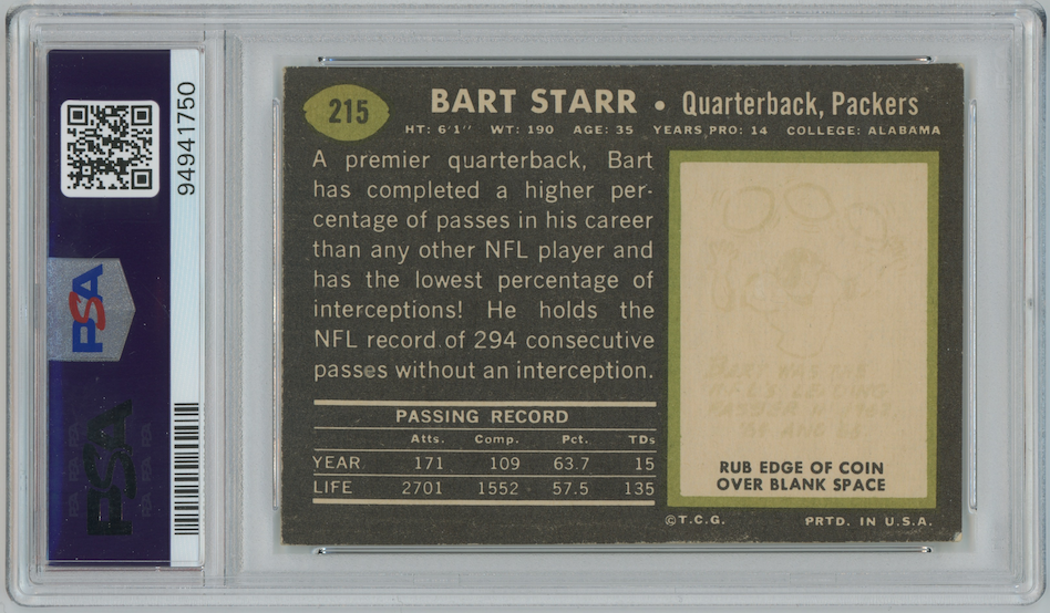 Bart Starr 1969 Topps #215 Green Bay Packers  PSA 4