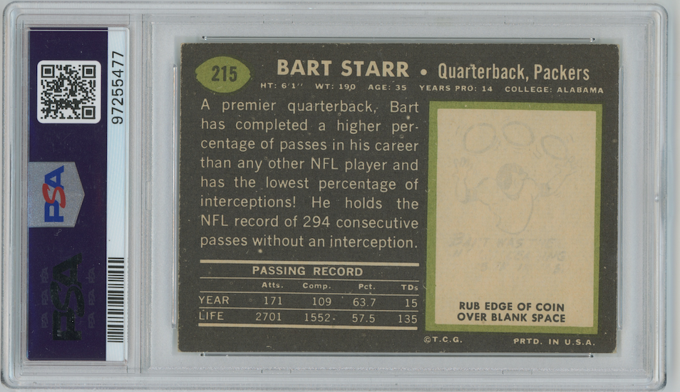 Bart Starr 1969 Topps #215 Green Bay Packers  PSA 3
