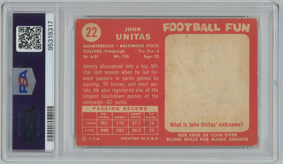 Johnny Unitas 1958 Topps #22 Baltimore Colts  PSA 3