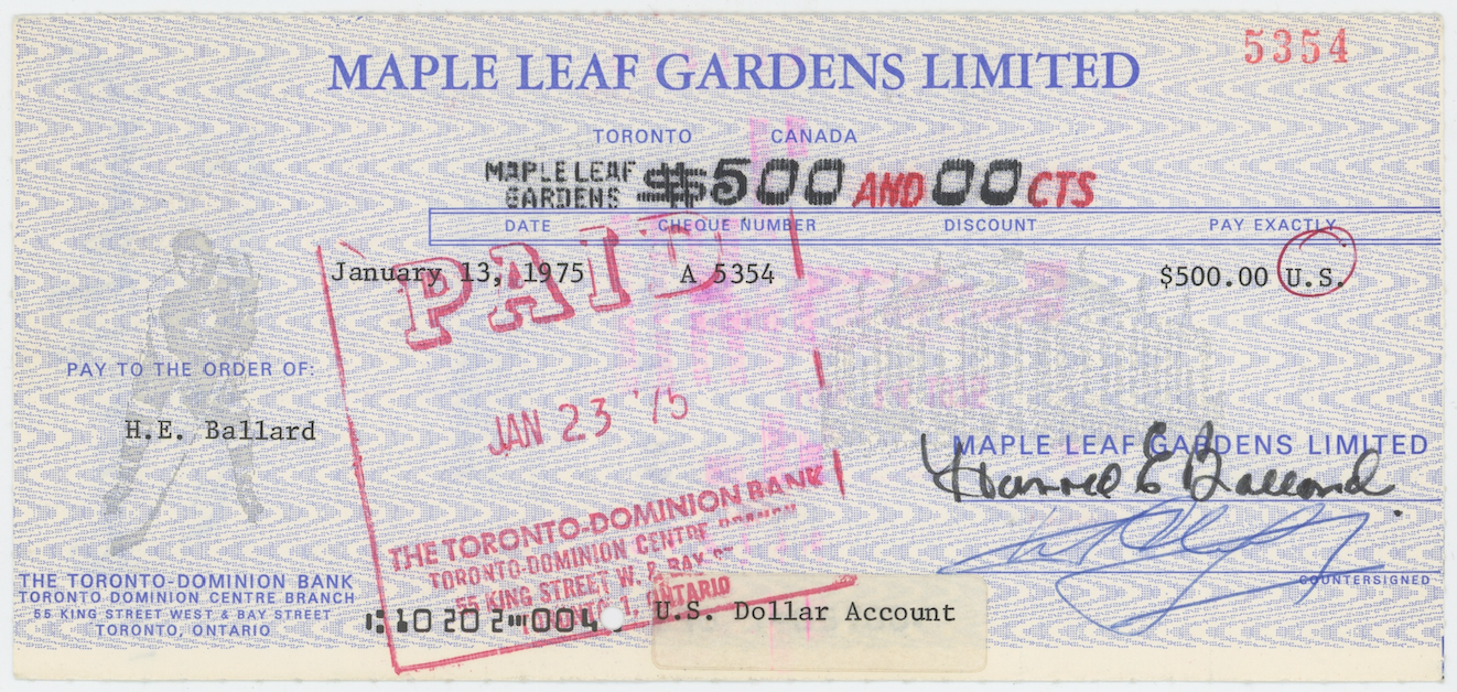Harold Ballard Toronto Maple Leafs Twice Autographed Signed  Check AMCo COA