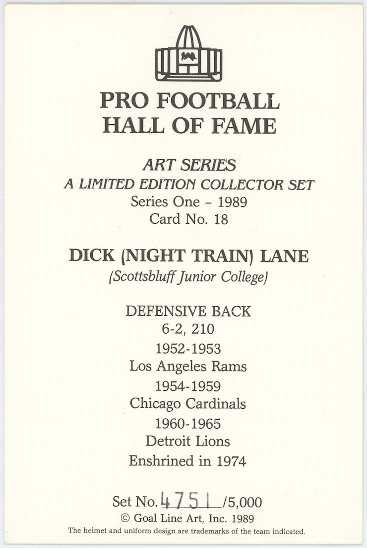 Dick Night Train Lane Lions Autographed Signed 1989 Goal Line Art Card AMCo COA