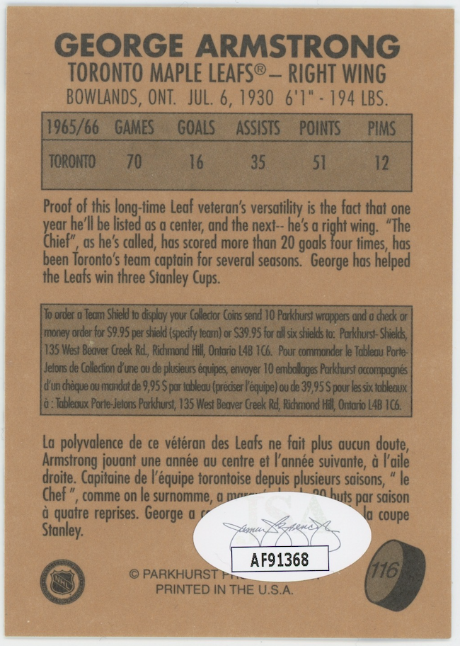 George Armstrong Leafs 1995-96 Parkhurst #171 Auto Signed  JSA COA