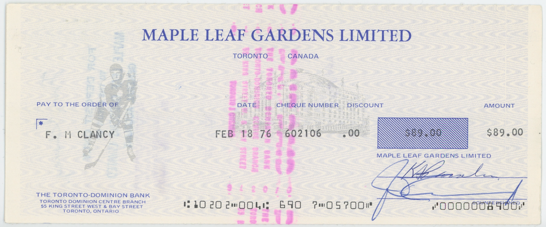 King Clancy Toronto Maple Leafs Autographed Signed Check AMCo LOA