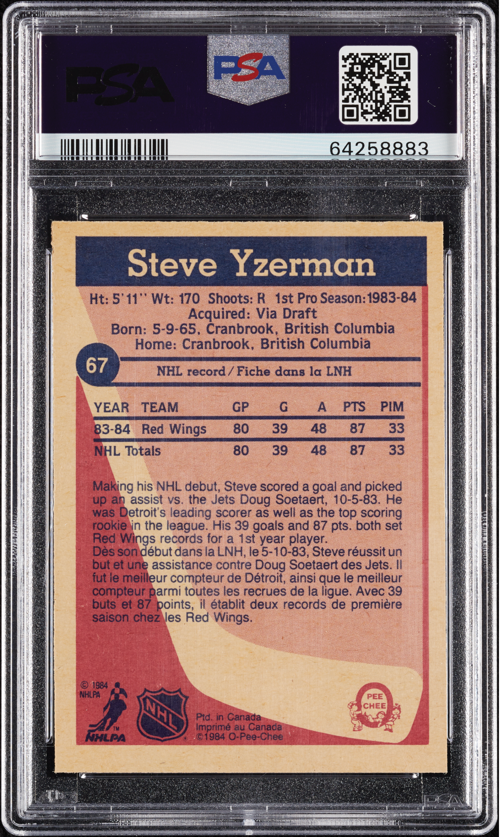 Steve Yzerman 1984 O-Pee-Chee OPC Rookie RC #67 PSA 7 Red Wings  PSA 7