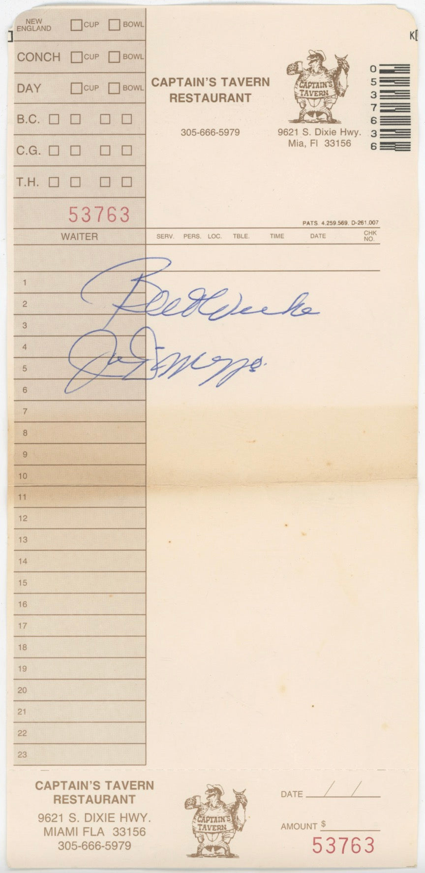 Joe DiMaggio New York Yankees Autographed Signed Bill Receipt AMCo COA