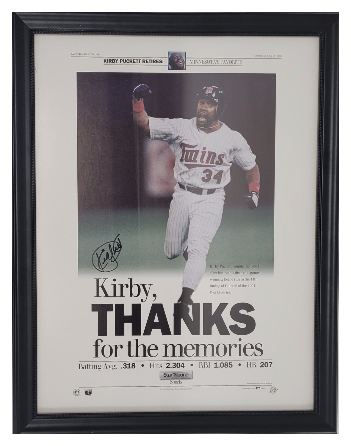 Kirby Puckett Minnesota Twins Autographed Signed Framed Photo JSA LOA