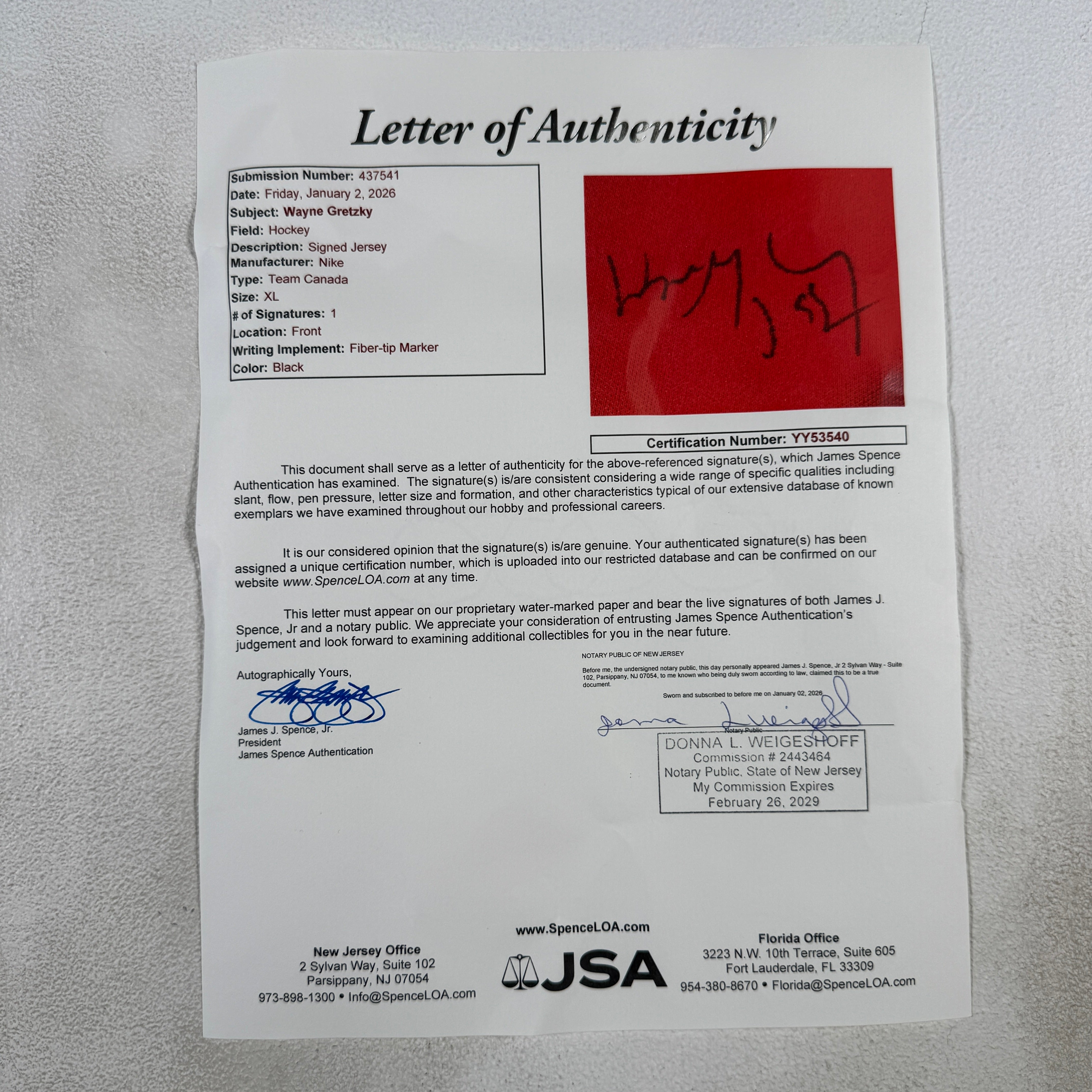 Wayne Gretzky Team Canada Autographed Signed Original Nike Jersey JSA LOA