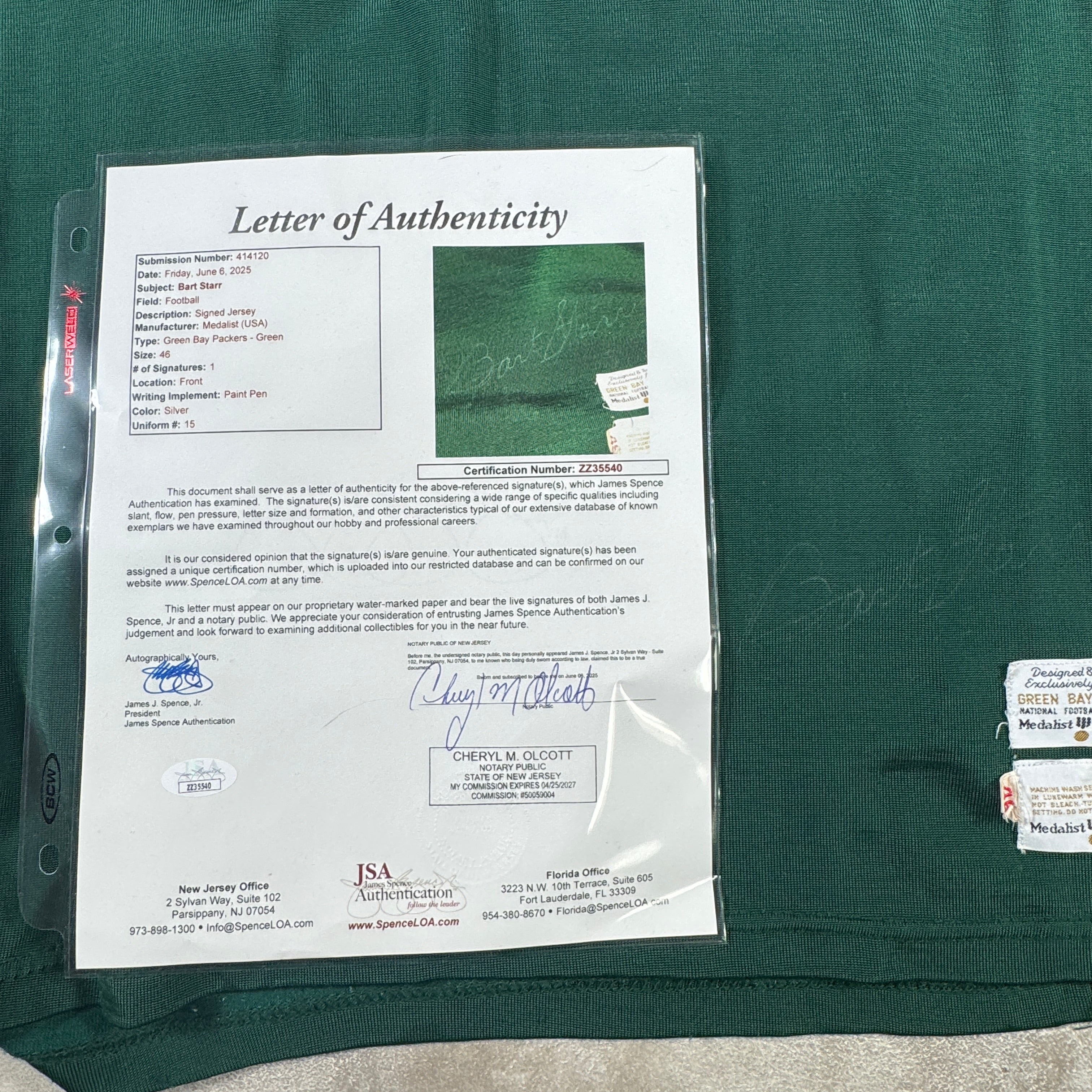 Bart Starr Packers Autographed Signed Medalist Sand-Knit Pro Model Jersey JSA LOA
