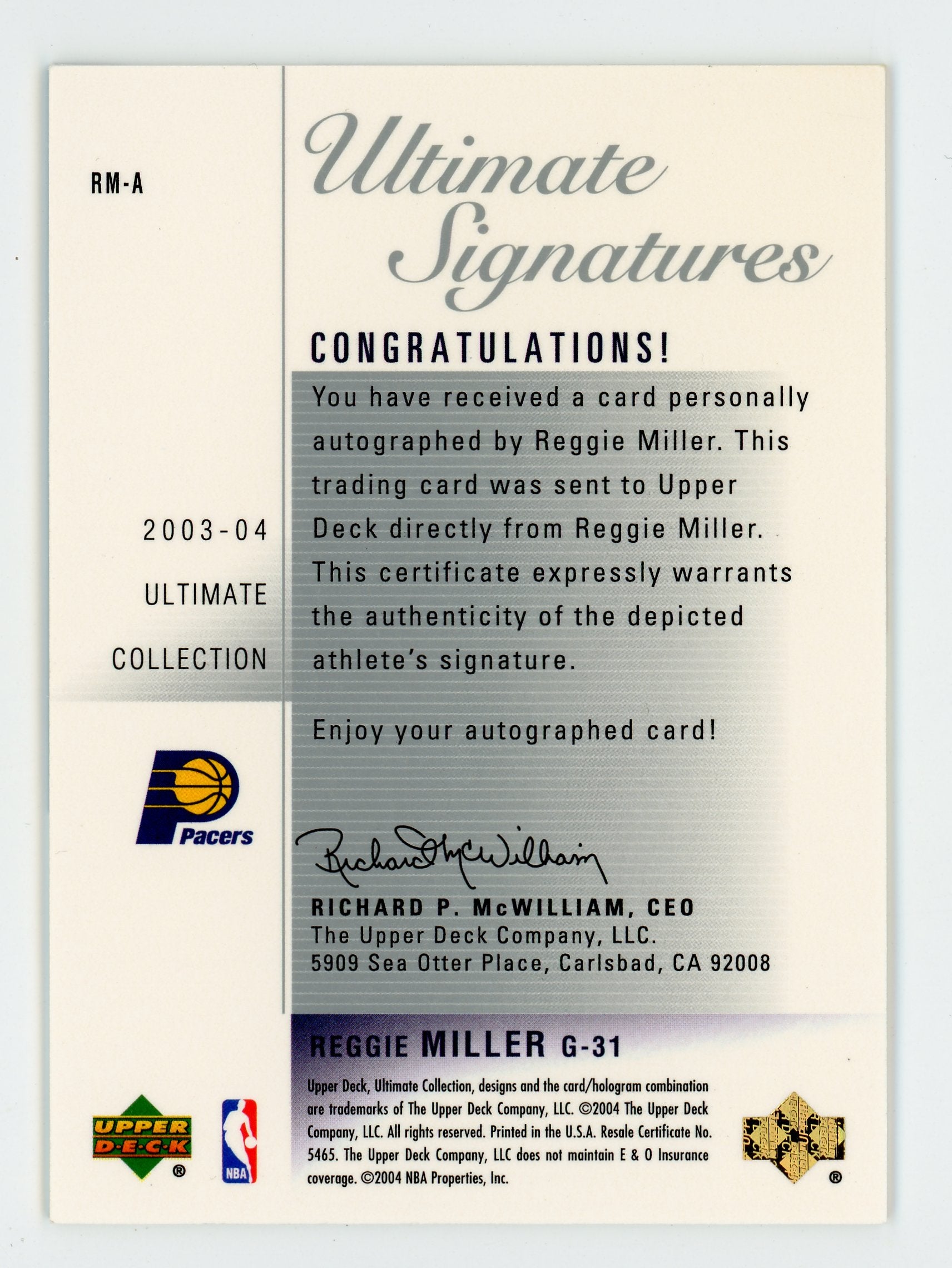Reggie Miller 2003-04 UD Ultimate Collection Signatures RM-A Auto Pacers   