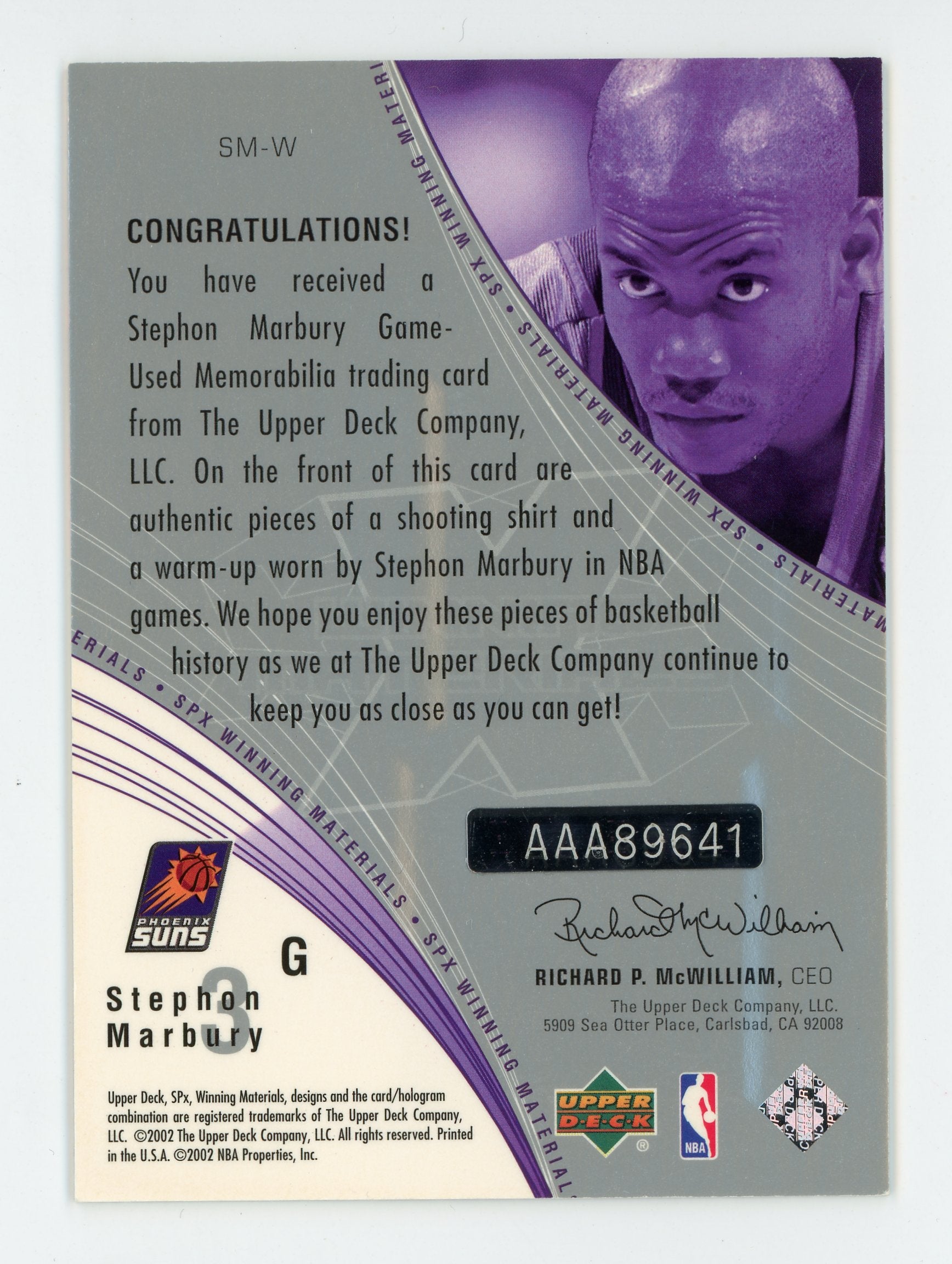 Stephon Marbury 2002-03 UD SPx Winning Materials Buyback Auto SM-W /17   