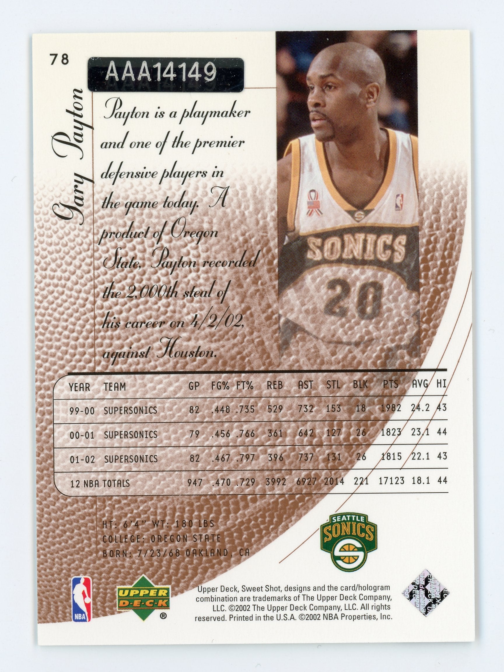 Gary Payton 2002-03 UD Sweet Shot Buyback Auto #78 /22 Sonics   