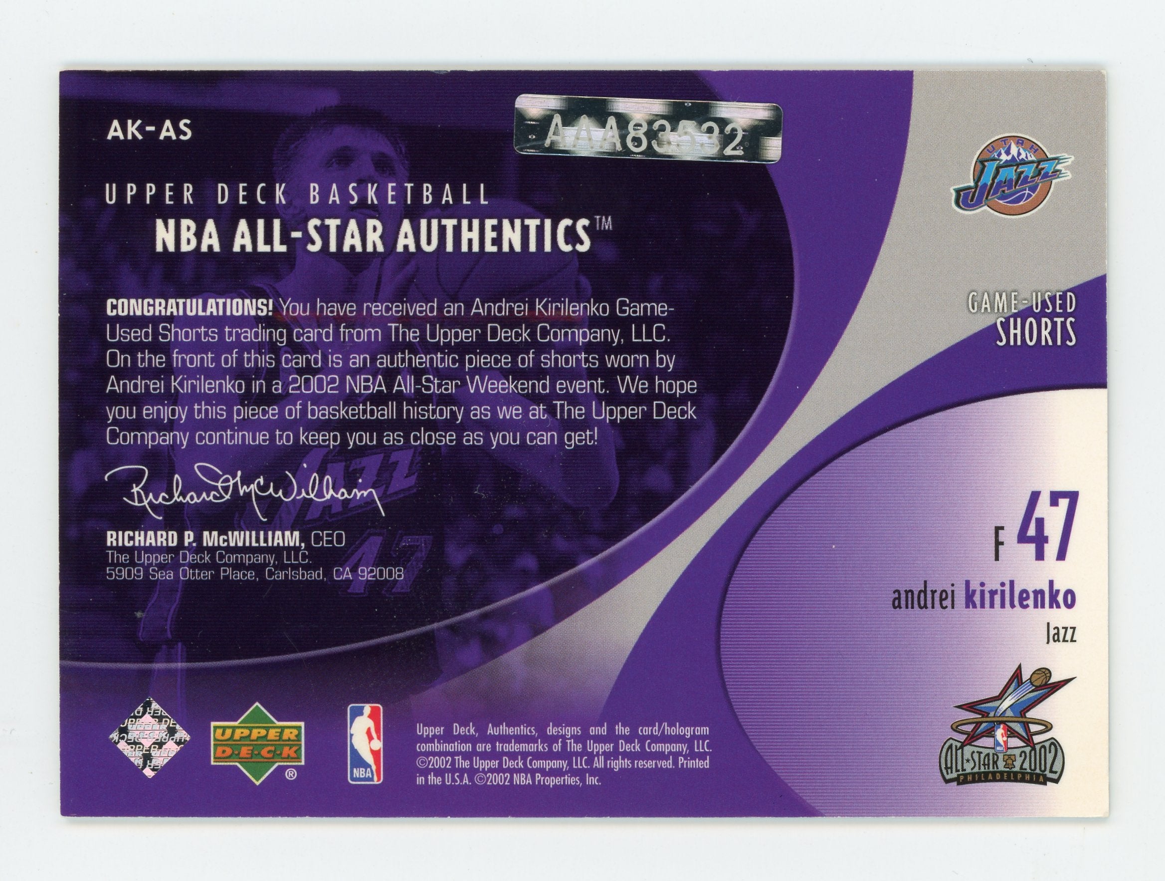 Andrei Kirilenko 2002-03 UD NBA All-Star Authentics Game Used Buyback Auto #AK-AS /21   