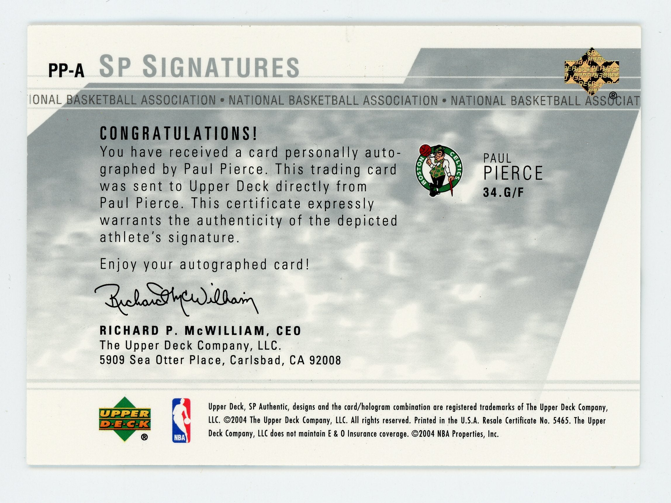 Paul Pierce 2004 UD SP Authentic Signatures Celtics PP-A Auto Boston Celtics   