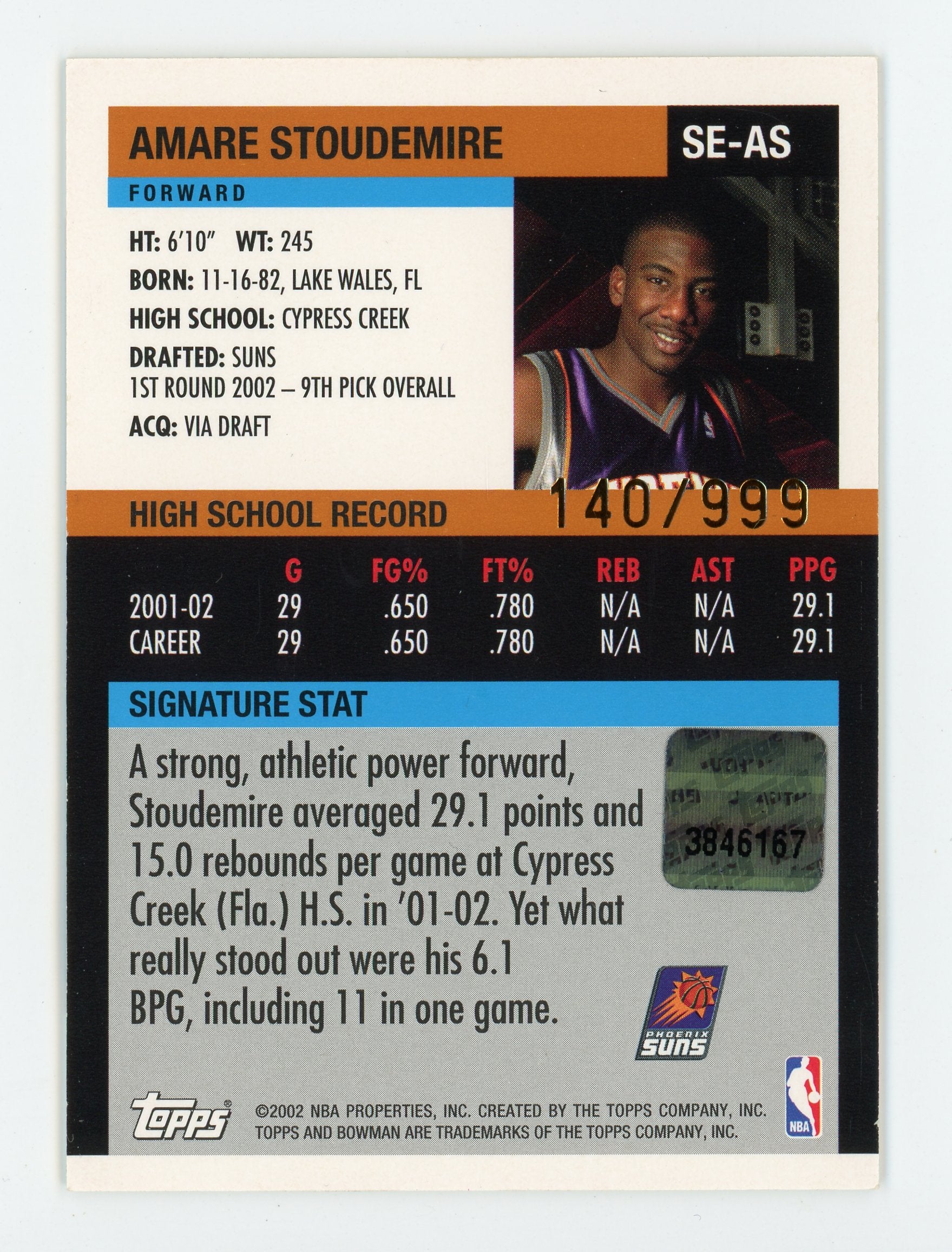 Amar'e Stoudemire 2002 Bowman Signature Rookie RC Auto Relic /999 #SE-AS Suns   